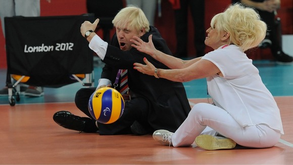 Mayor of London Boris Johnson and actress Barbara Windsor have a game of sitting volleyball after the women's event at the Excel Arena