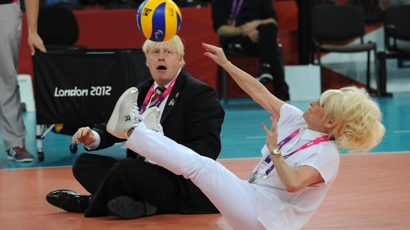 Mayor of London Boris Johnson and actress Barbara Windsor have a game of sitting volleyball after the women's event at the Excel Arena