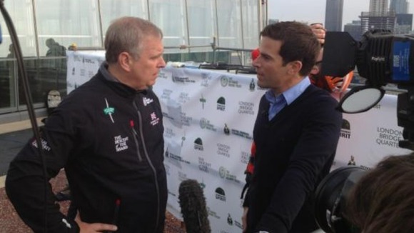 Royal charity Shard abseil: ITV Daybreak presenter Gethin Jones (right) jokes with Prince Andrew that he will be taking the lift down