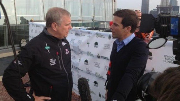 Royal charity Shard abseil: ITV Daybreak presenter Gethin Jones (right) jokes with Prince Andrew that he will be taking the lift down