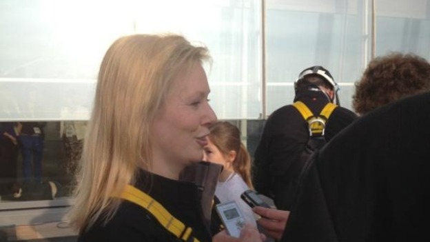 Ffion Hague talks to reporters after completing her abseil.