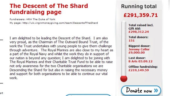 Prince Andrew's page on Virgin Money Giving.