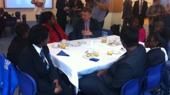 The Education Secretary talks to pupils.