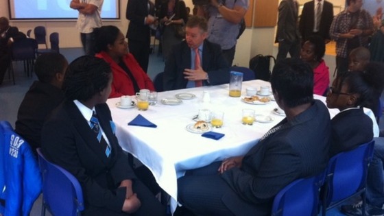 The Education Secretary talks to pupils.