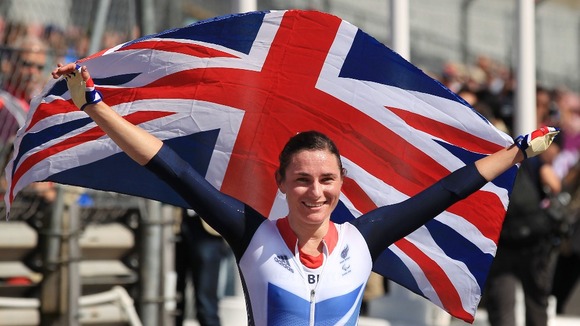 Great Britain's Sarah Storey celebrates after winning the Women's Individual C5 Time Trial at Brands Hatch, Kent.