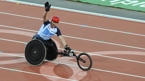 David Weir celebrates his victory in the Men's 800m T54 final.