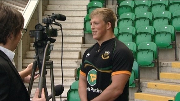 Northampton Saints forward Alex Waller chatting with the media