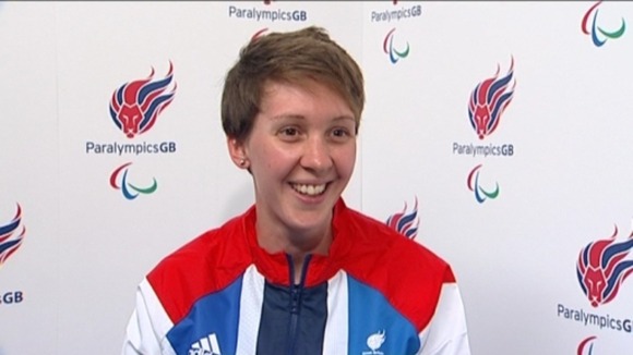 ParalympicsGB cyclist Crystal Lane speaking at Stratford, London