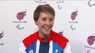 ParalympicsGB cyclist Crystal Lane speaking at Stratford, London