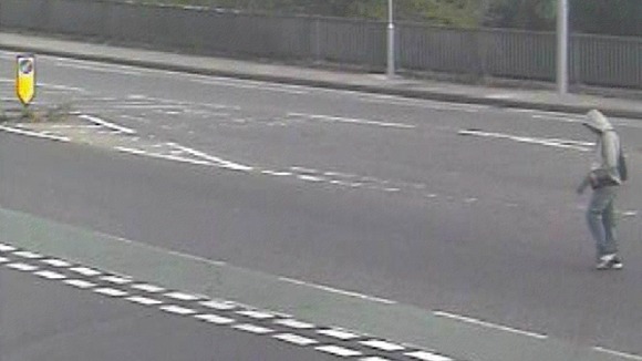 The man walking onto Itchen Bridge on the Woolston side where the buses access the bridge