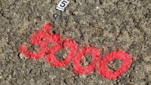 A mark left on the road at the murder scene near Chevaline in the French Alps