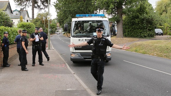 A Royal Logistic Corps bomb disposal truck arrives at the cordon close to the home of Saad al-Hilli in Claygate, Surrey