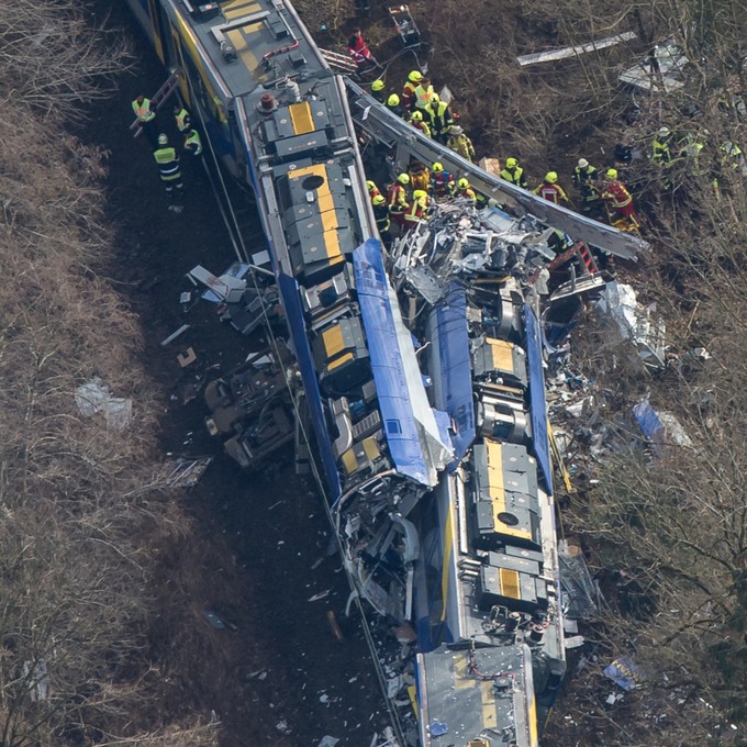 Aerial view of rescue forces working at the site of a train accident near Bad Aibling, Germany