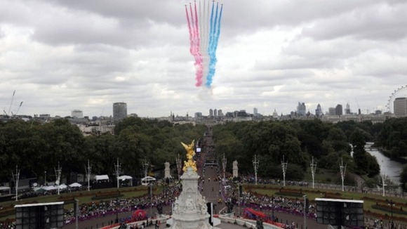 Red Arrows following the route of The Mall in central London 