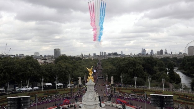 Red Arrows following the route of The Mall in central London
