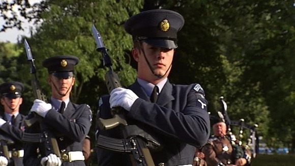 The Queen's Colour Squadron of the Royal Air Force rehearses its continuity drill.