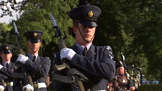 The Queen's Colour Squadron of the Royal Air Force rehearses its continuity drill.