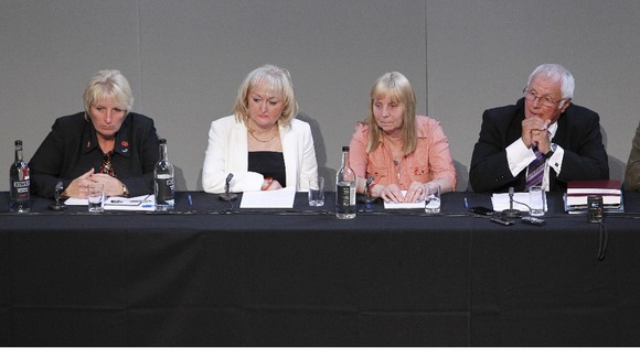 Hillsborough Family Support Group members Jenny Hicks (2nd left), Margaret Aspinall, and Trevor Hicks during a press conference.