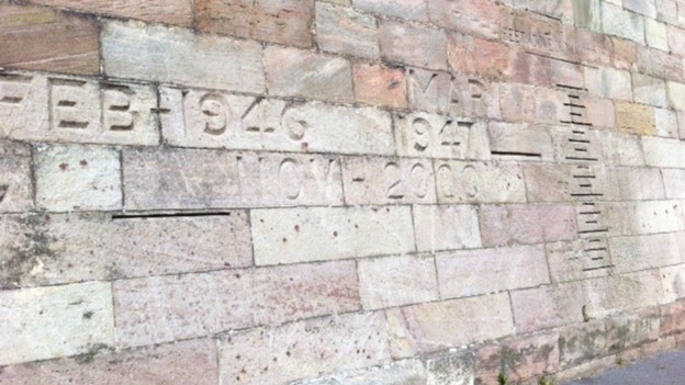 Markings on Trent Bridge showing the extent of past flooding in Nottingham