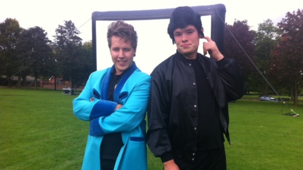 Sean Hales & Rhys Marshall prepare for the Grease drive-in movie night