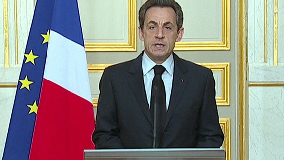 France's President Nicolas Sarkozy is seen making a statement on the death of Merah