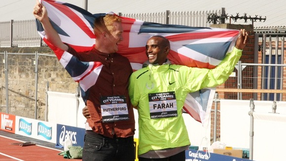 Olympic gold medallists Greg Rutherford (left) and Mo Farah at a photo call ahead of the event in Newcastle.