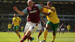 West Ham United's James Collins (left) and Norwich City's Simeon Jackson (right) battle for the ball