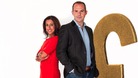 Saira Khan and Martin Lewis standing next to a huge Gold pound sign, an oversize pound coin and a knee high credit card. 