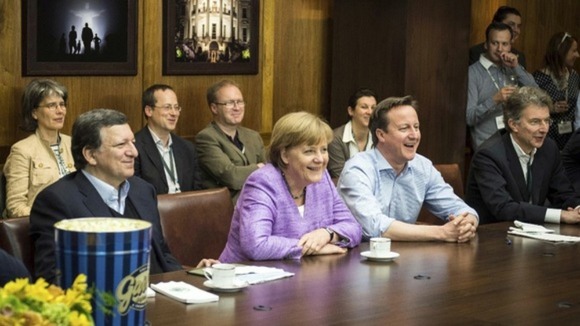 EU Commission President Juan Manuel Barroso (left), German Chancellor Angela Merkel and Britain's Prime Minister David Cameron.