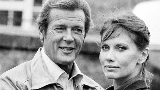 Roger Moore and Maud Adams on the set of Octopussy