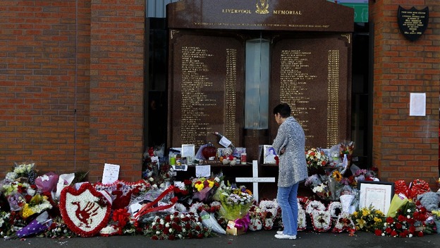 Tributes left at the Hillsborough Memorial outside Liverpool Football Club.