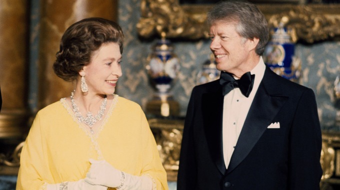 Queen Elizabeth II with US President Jimmy Carter at a State Dinner at Buckingham Palace in London.