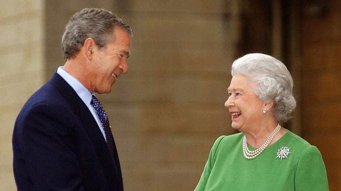 US President George Bush with Queen Elizabeth II at Buckingham Palace in London.