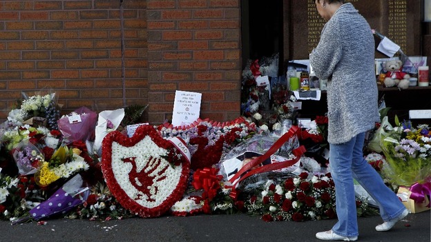 Tributes left at the Hillsborough Memorial outside the football ground at Anfield, Liverpool.