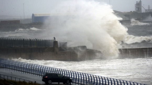 Giant waves in Sunderland today as the country is hit by gale force winds.