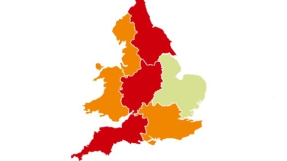 Flood warnings in Britain today are pictured in red and flood alerts in orange.