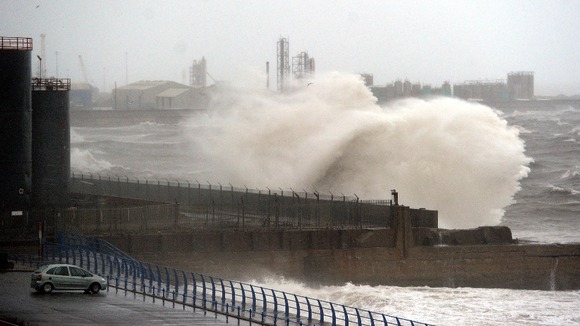 Giant waves at Sunderland today as the country is hit by gale force winds.