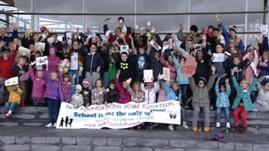Campaigners gather outside the Senedd