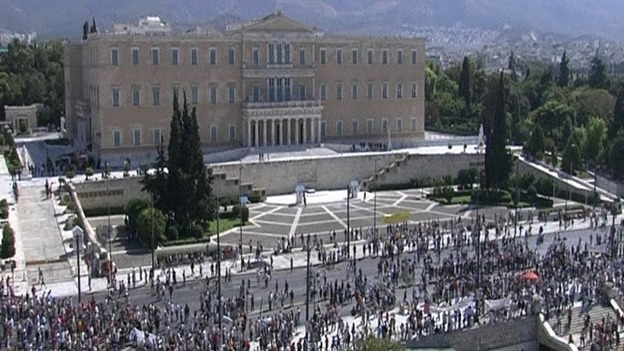Protesters outside Athens' main government building.
