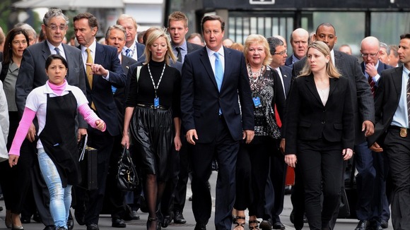 David Cameron arrives at The State of Sao Paulo's Federation of Industries with a delegation of British business men and women today.