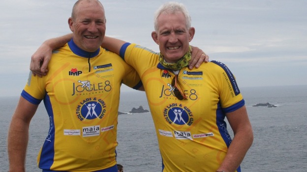 Vincent Kelly (left) and Mark Brocklehurst (right) at the end of the JOGLE8 challenge in aid of Bolton Lads & Girls Club