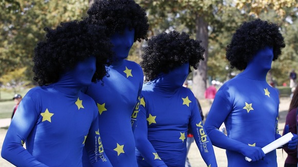 Team Europe golf fans watch play at the 39th Ryder Cup