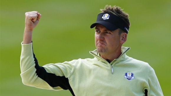 Team Europe golfer Poulter celebrates