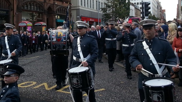 Marchers in the Ulster Covenant parade marching down Belfast's city centre
