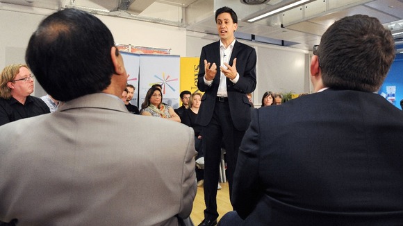 Ed Miliband speaks at a question and answer session in Manchester