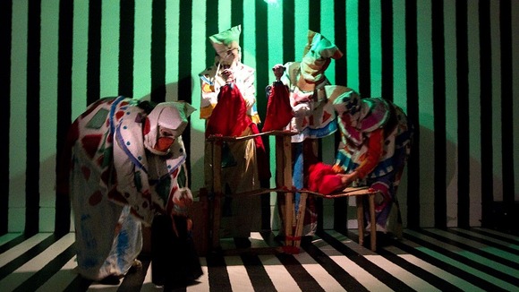 A live puppet show showing the tale of Jesus and Barrabas by the artist Spartacus Chetwynd
