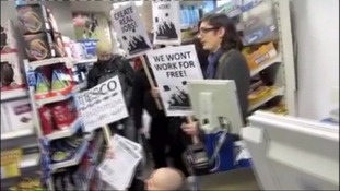 Protesters in a Tesco