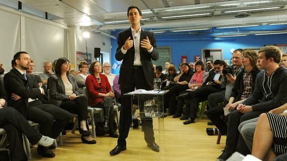 Miliband pictured during a recent question and answer session with members of the public in Manchester.