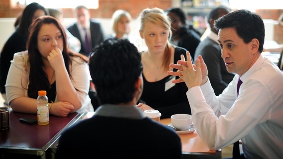 Miliband meets jobless young people earlier this year.