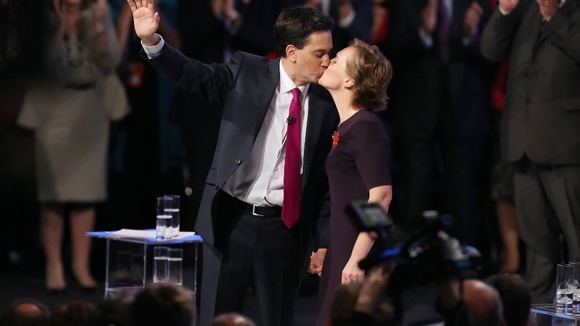 Family politics; Labour Party leader Ed Miliband kisses his wife Justine after delivering his keynote speech.